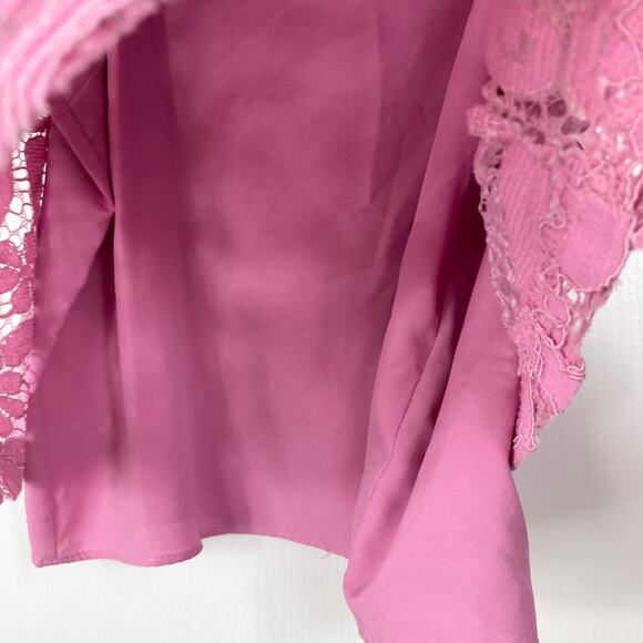 NWOT NANETTE LEPORE Top S Pink Lace Underlay Slip Bow Tie Back Short Sleeve - Picture 8 of 9